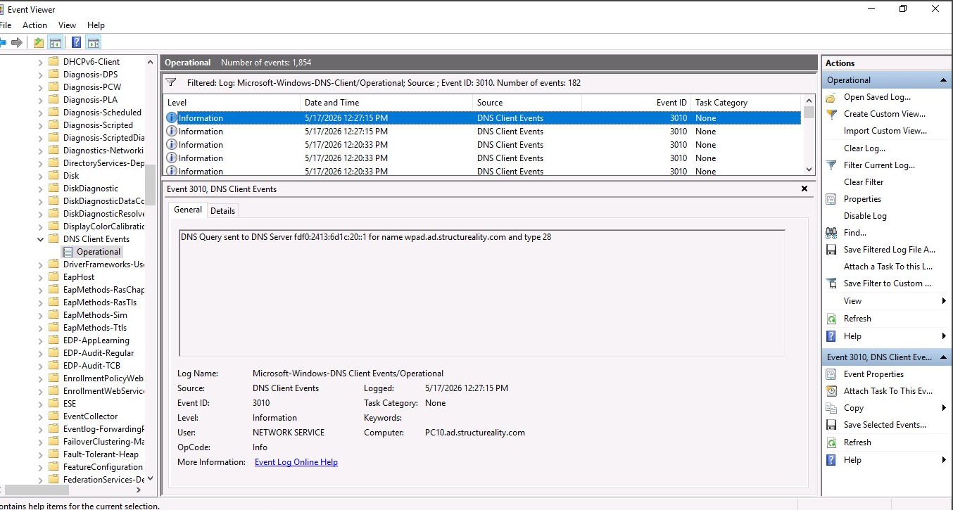 DNS Client Operational log showing Event ID 3010