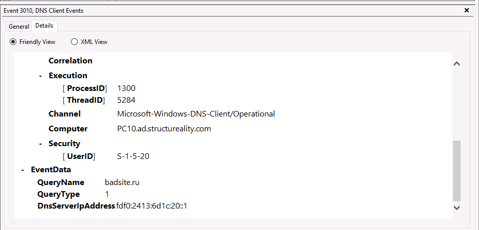 Event ID 3010 details showing badsite.ru query