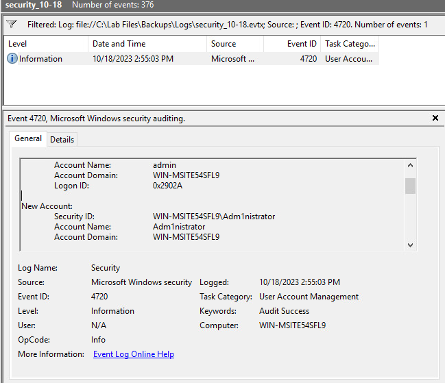 Event Viewer Event ID 4720 evidence