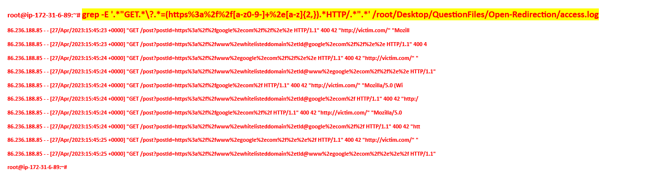 Suspicious open redirection requests